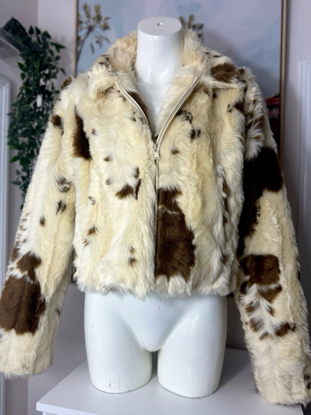 Zara Cream and Brown Faux Fur Zip-Front Teddy Jacket